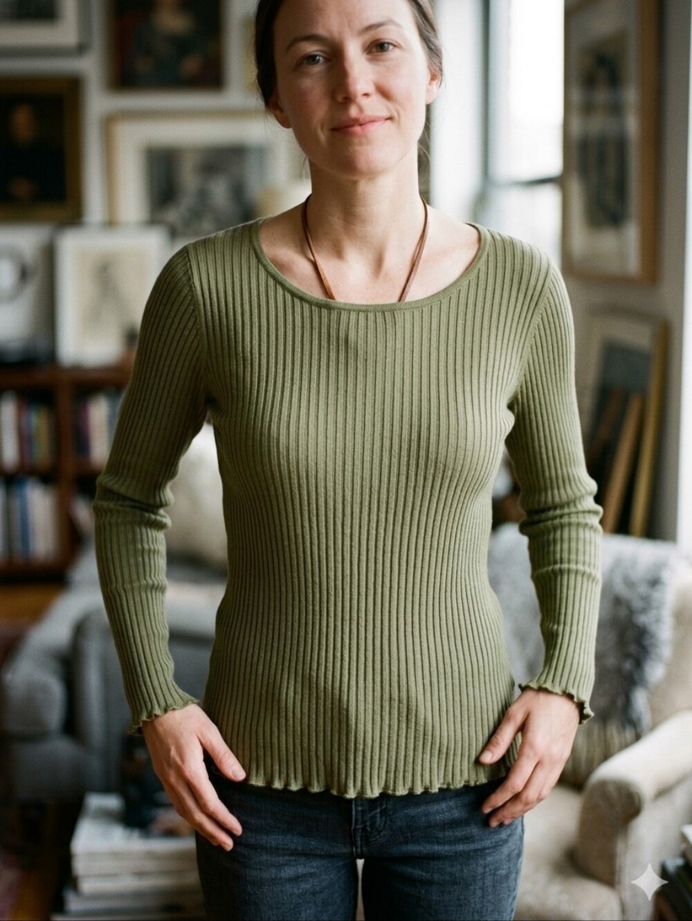 Eileen Fisher Olive Green Ribbed Long Sleeve Tencel Top Ruffle Hem Size Small